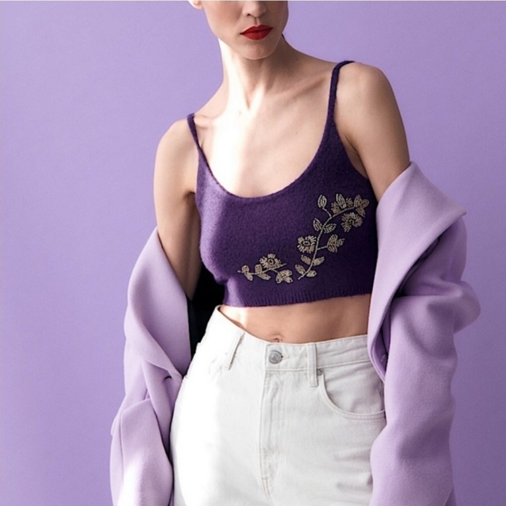 🌞NWOT ZARA BEADED KNIT CROP TOP PURPLE WOOL BLEND BLOGGERS FAV SMALL - Picture 9 of 13